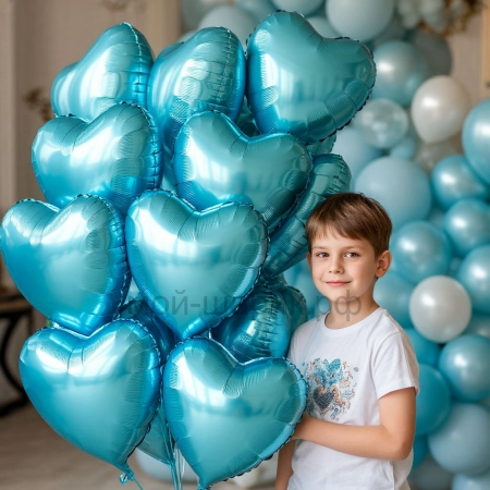 Облако из голубых фольгированных сердец